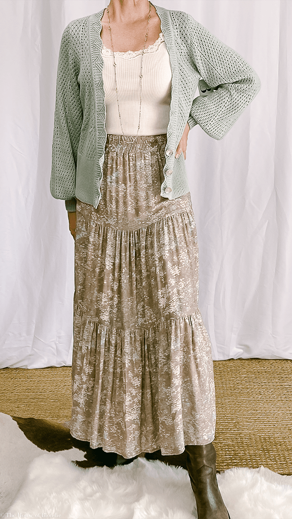 Gaia A-line Tiered Brown and Sage Maxi Skirt | The House of Blondie – The  House of Blondie®