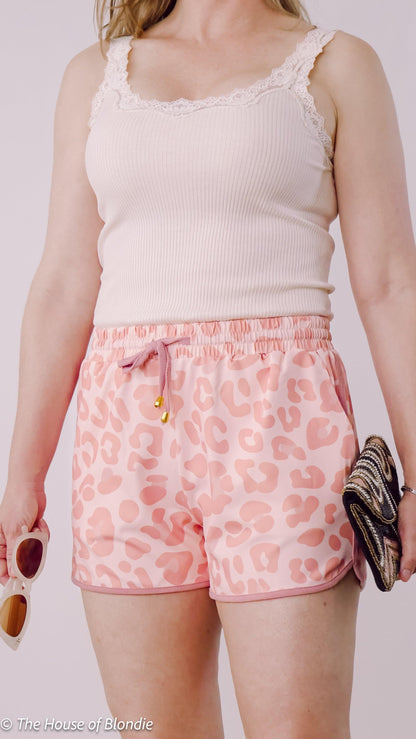 Blush Pink Leopard Print knockabout Shorts by www.thehouseofblondie.com