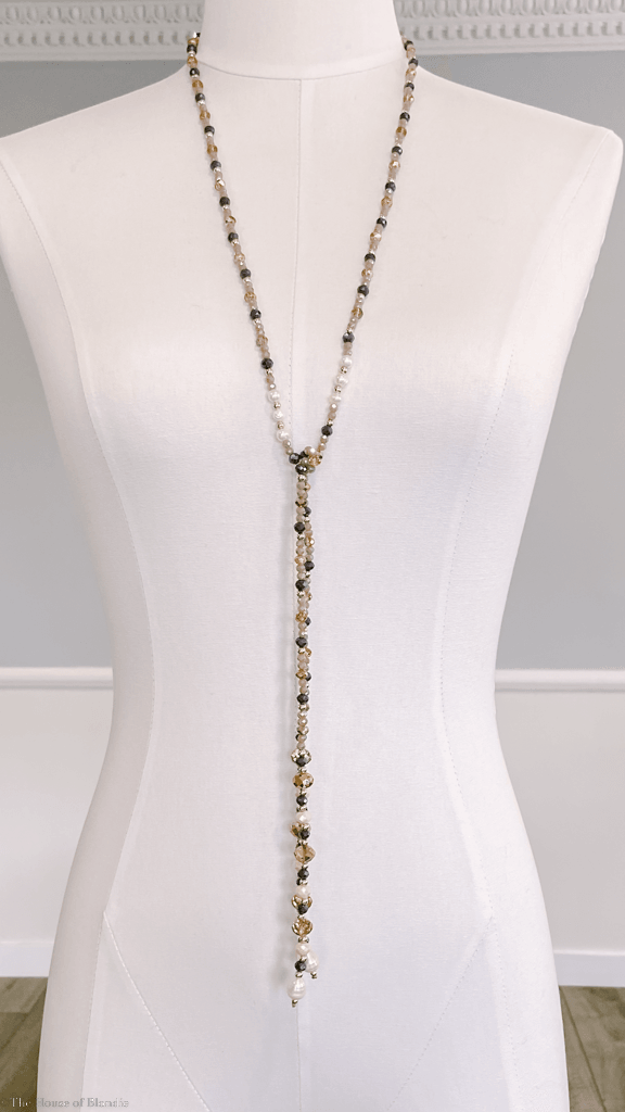 Mara Quartz, Pearl, Gold, Amethyst, Topaz and Grey Beaded Lariat Long Necklace by www.thehouseofblondie.com